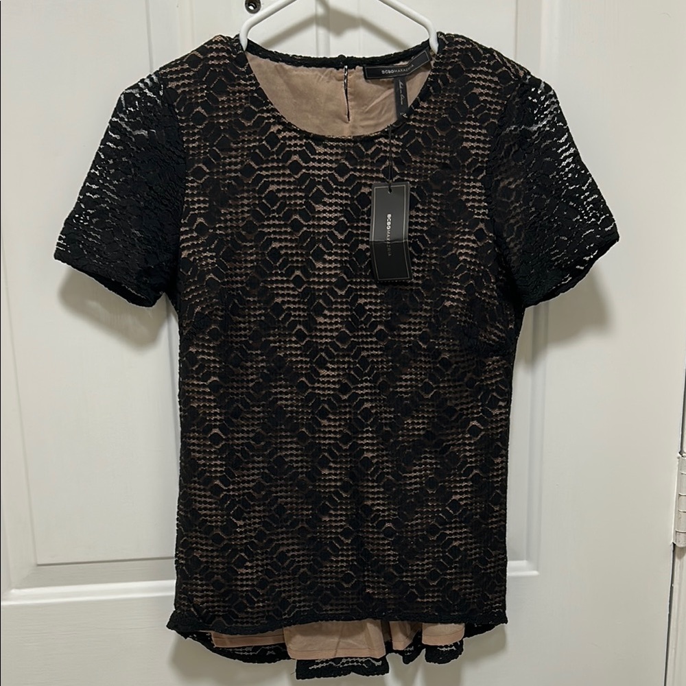 BCBGMaxAzria Black and Tan Graphic Embellished Blouse